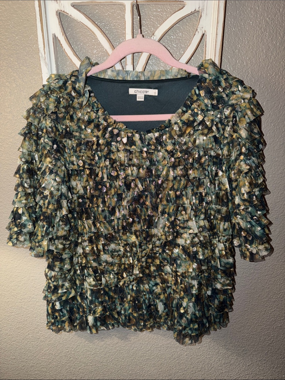 Chico's Green Multi-Color Ruffle Tiered Blouse